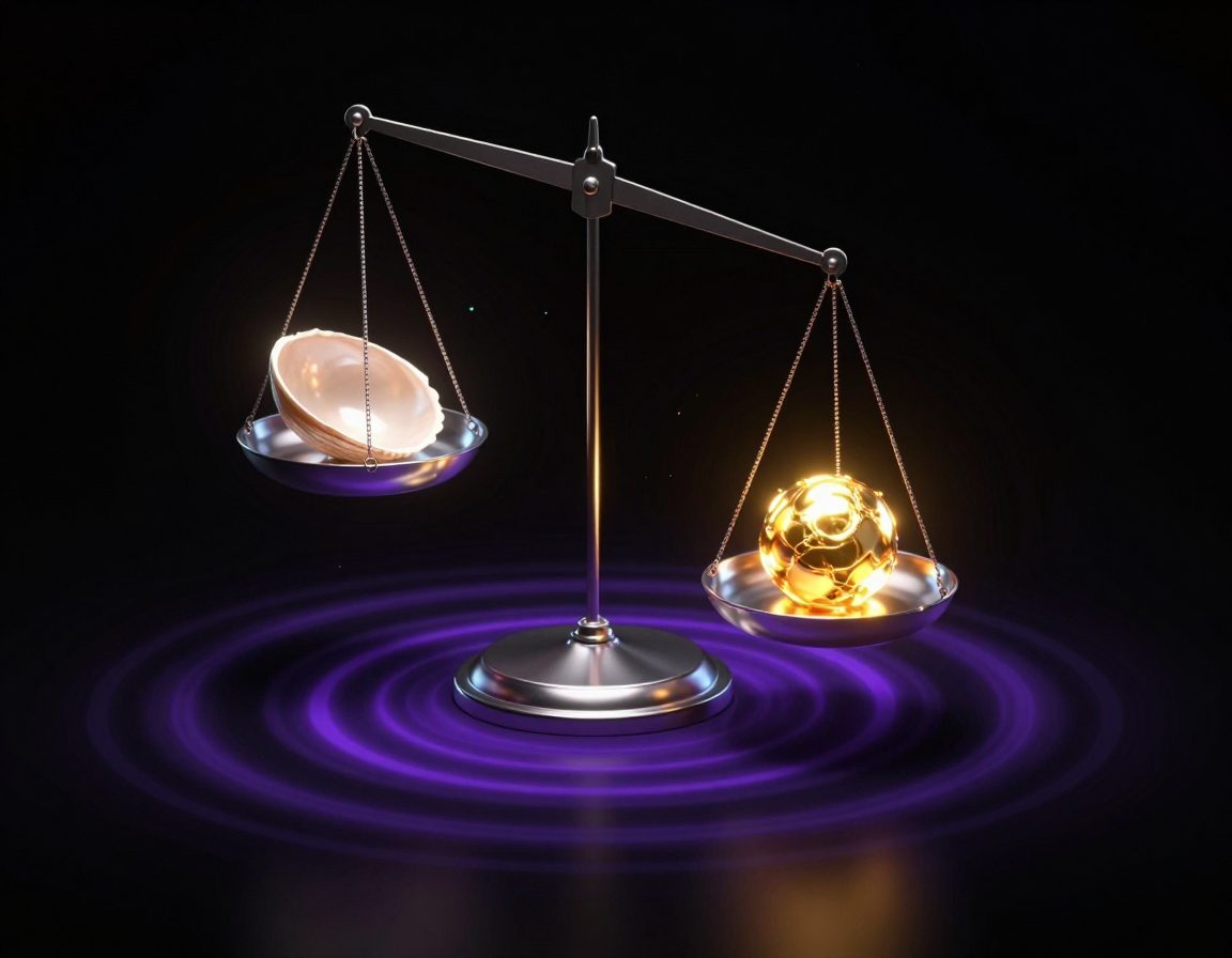 A single luminous glass balance scale floating in a pure black void, one pan holding a thin hollow shell of pale light while