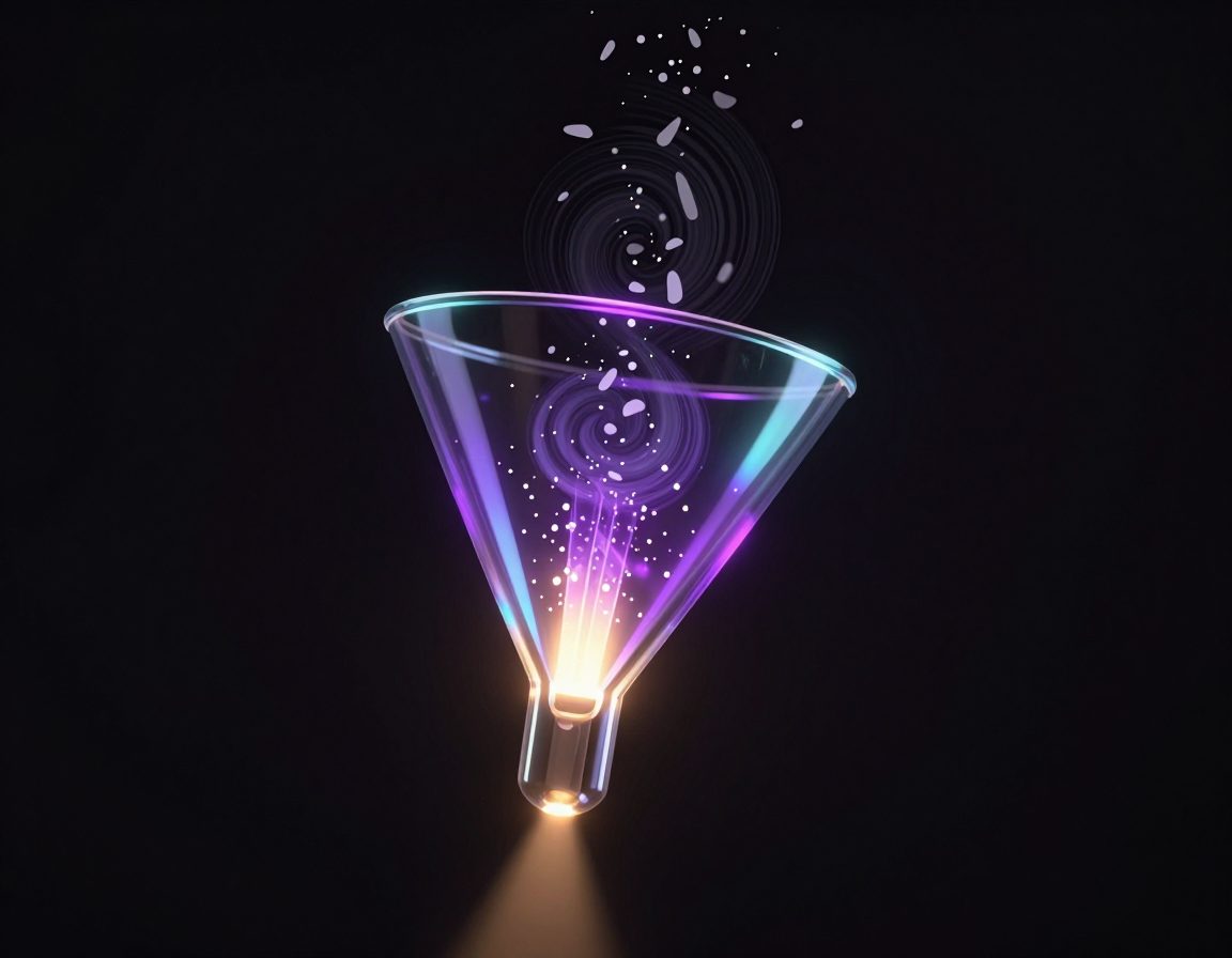 A single luminous glass funnel floating in a pure black void, with a swirl of dull scattered grey shards drifting into its