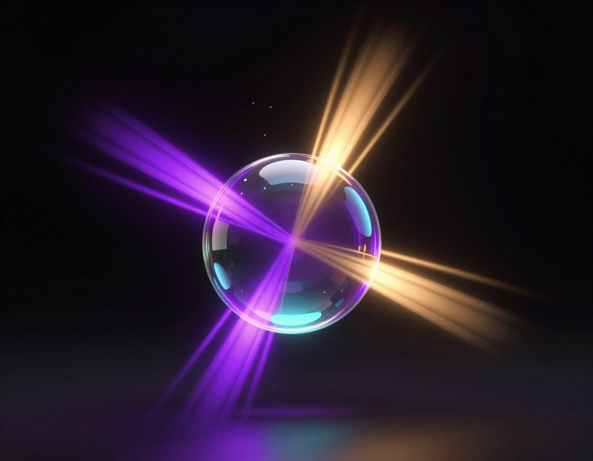 A single luminous glass sphere hovering at the centre of a pure black field, splitting into four smooth radiating arcs of